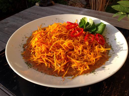 Kiwi pepers crème met hokkaido pompoen vermicelli noedels