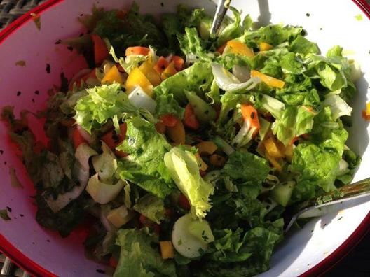 Stevige knapperige salade - sla, witlof, wortelen, gele paprika, komkommer, avocado, citroen, basilicum en bieslook
